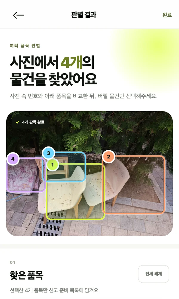 판별 결과 화면. 사진 속 의자와 서랍장 4개 품목에 번호가 붙은 상자가 그려져 있다.
